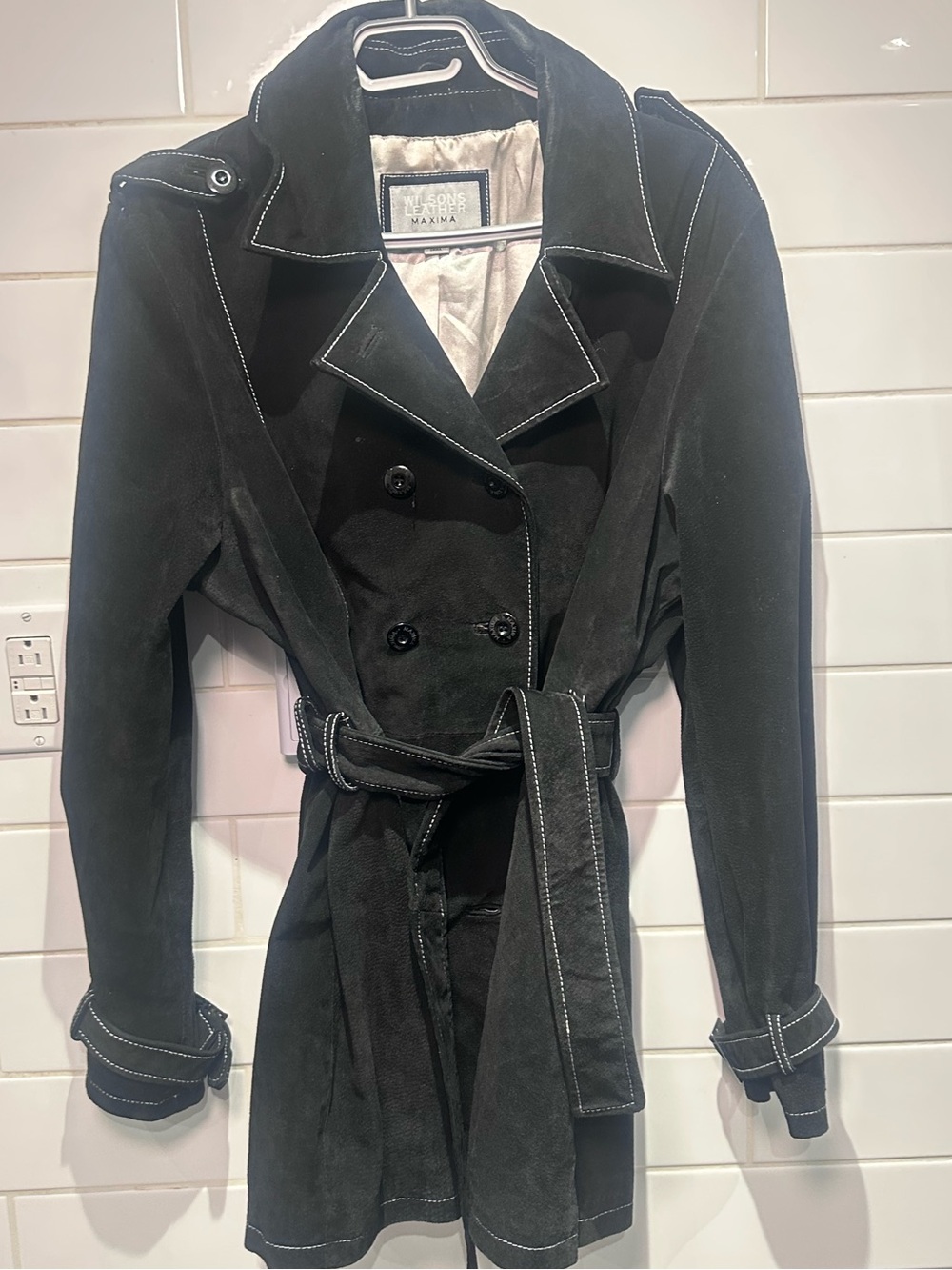 Wilsons Leather Maxima Black Belted Trench Coat